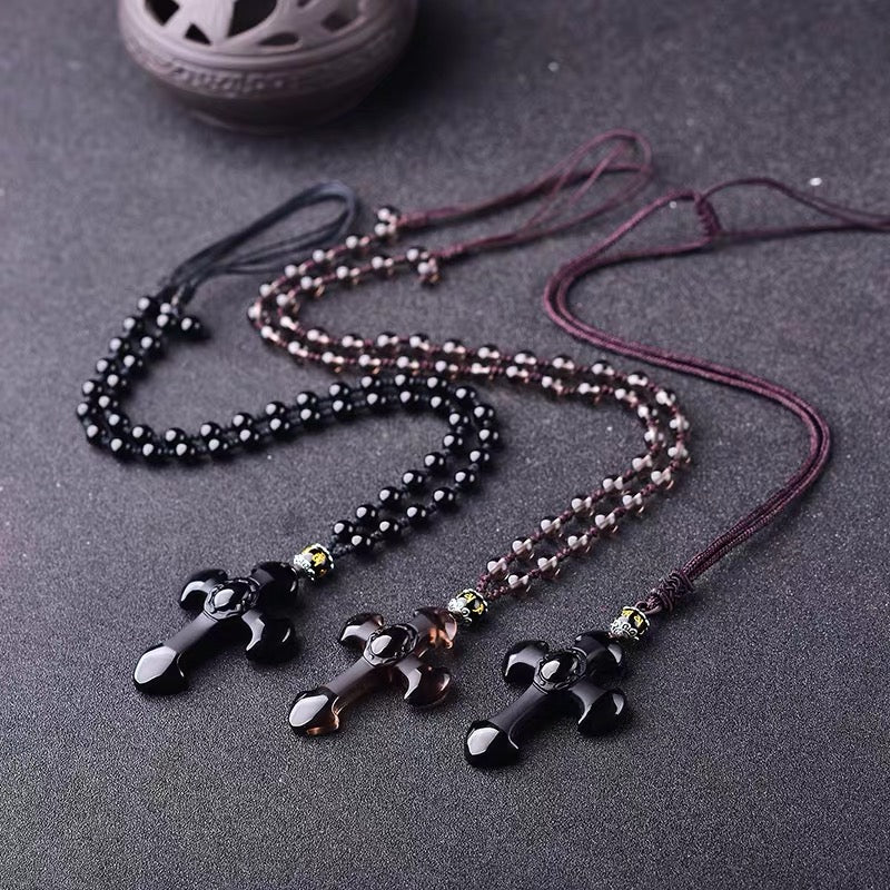Wholesale natural obsidian Christ Jesus crystal cross natural obsidian carved crystal cross pendant
