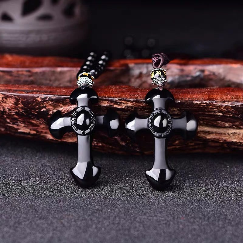 Wholesale natural obsidian Christ Jesus crystal cross natural obsidian carved crystal cross pendant