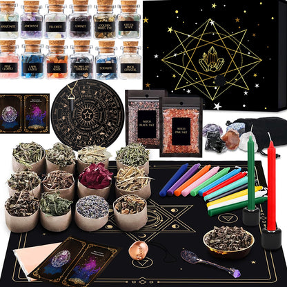 64pcs Large Witchcraft Kit Witch Altar Starter Kit, crystal healing  set Spell Kit For Beginners, Witchcraft Supplies Kit, Witch Starter Kit With Hanukkah Candles, Wiccan Supplies & Tools, Witchy Gifts For Women Halloween Gift