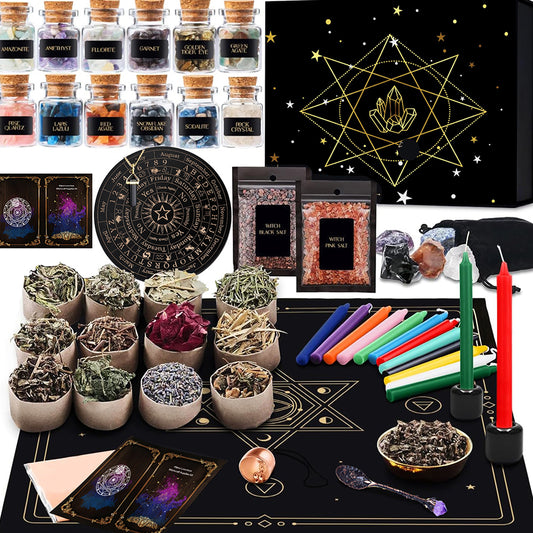 64pcs Large Witchcraft Kit Witch Altar Starter Kit, crystal healing  set Spell Kit For Beginners, Witchcraft Supplies Kit, Witch Starter Kit With Hanukkah Candles, Wiccan Supplies & Tools, Witchy Gifts For Women Halloween Gift
