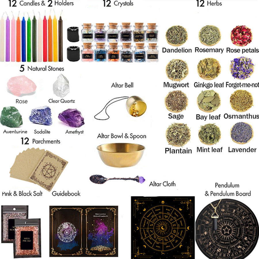 64pcs Large Witchcraft Kit Witch Altar Starter Kit, crystal healing  set Spell Kit For Beginners, Witchcraft Supplies Kit, Witch Starter Kit With Hanukkah Candles, Wiccan Supplies & Tools, Witchy Gifts For Women Halloween Gift