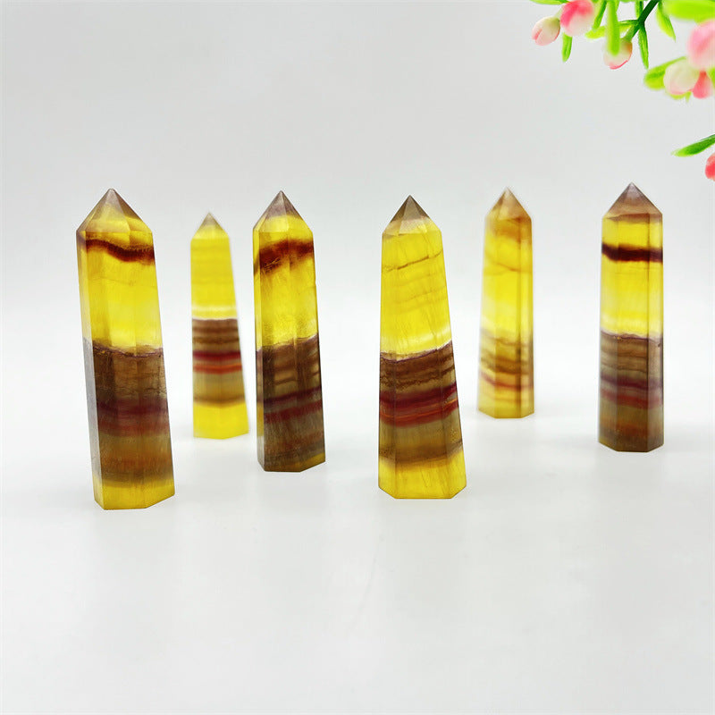 Factory Supply Natural Crystal Yellow Fluorite Column Crystal Stone Single Pointed Hexagonal Prism Domestic Ornaments Spot