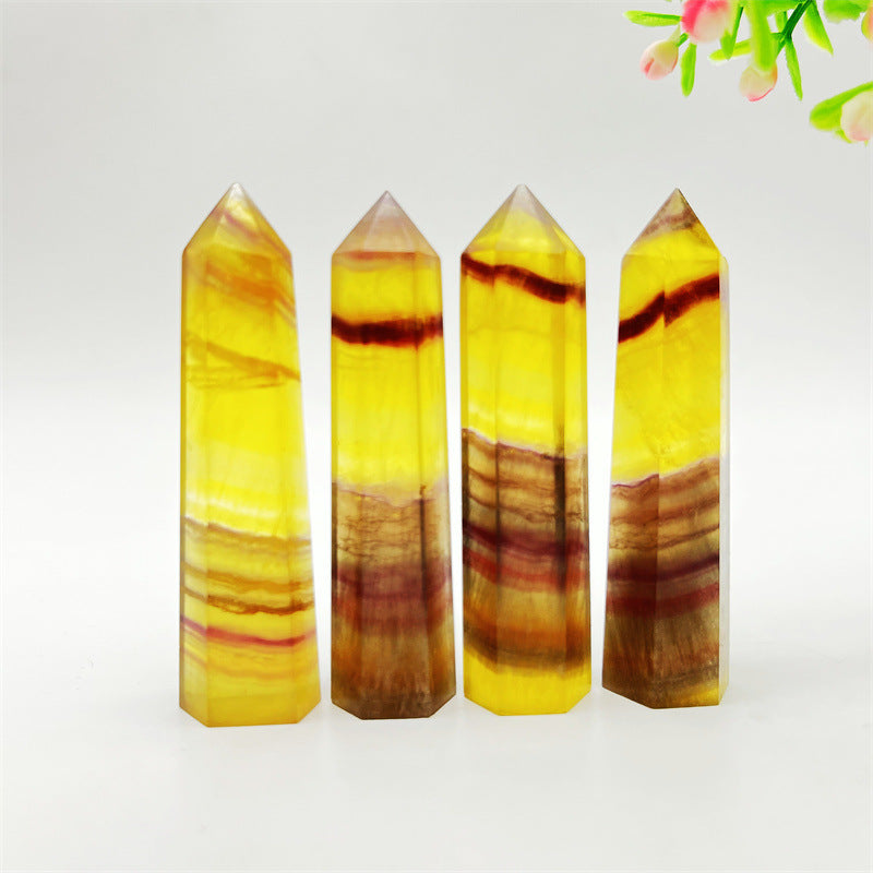 Factory Supply Natural Crystal Yellow Fluorite Column Crystal Stone Single Pointed Hexagonal Prism Domestic Ornaments Spot